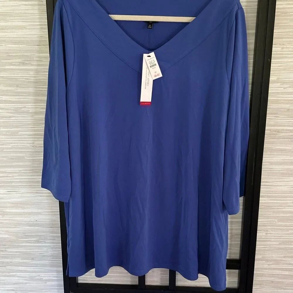 NWT Talbots periwinkle blue knit jersey V-neck top three-quarter sleeve plus siz